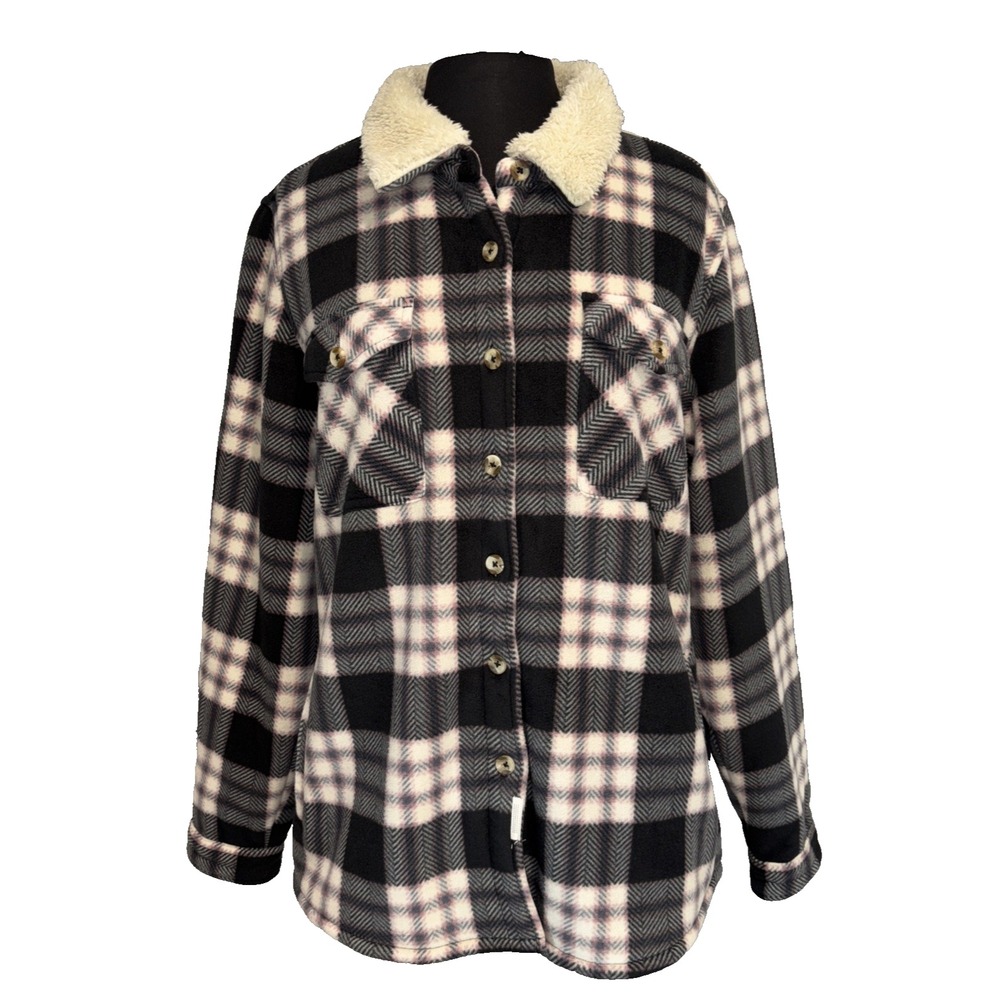 Soho Threads Plaid Shacket Sherpa Lined Women's XL Black Pink Pockets Button Up